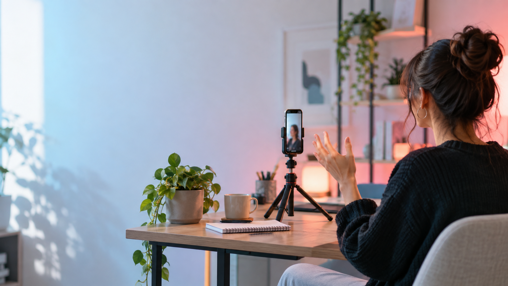 A creator recording a vertical video in a bright home studio
